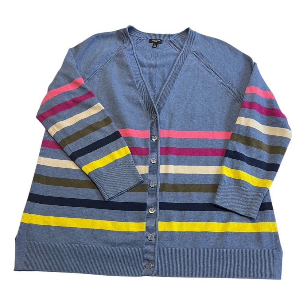 Talbots Cardigan Sweater Periwinkle Blue Colorful Stripes Womens sx PXL Spring